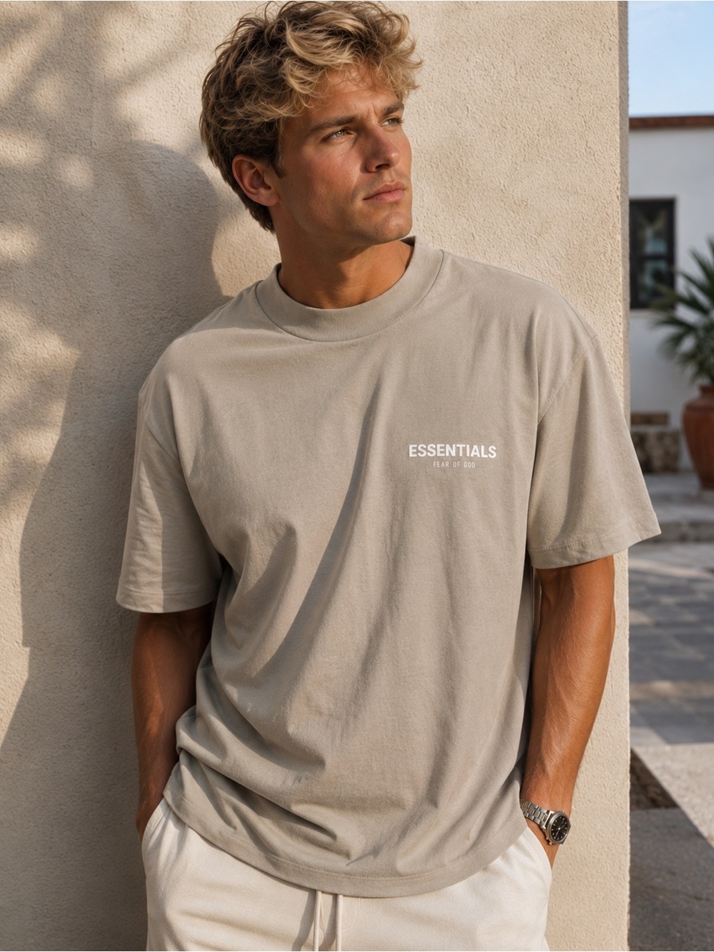 Fear of God Essentials Tan Heavyweight Cotton T-Shirt XL Mock Neck Oversized